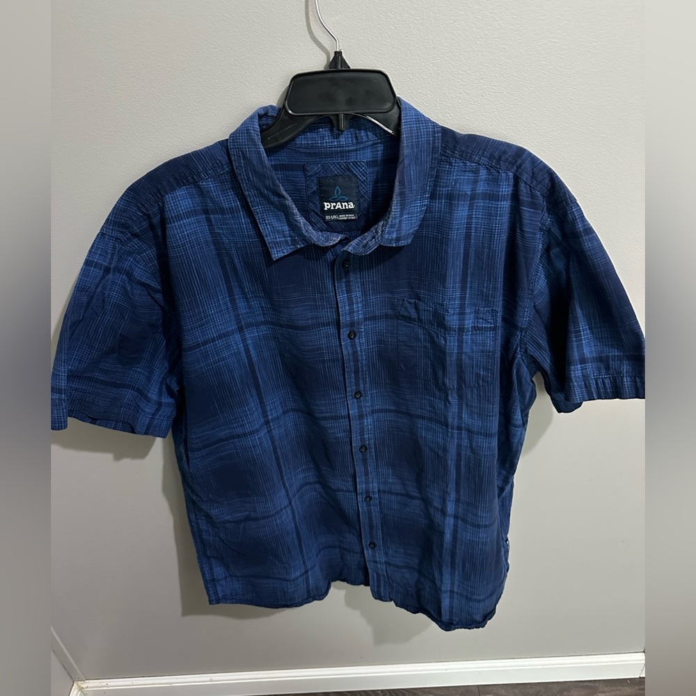 Prana Casual‎ Button Up Shirt Men's XXL Blue Plaid Short Sleeve Lightweight